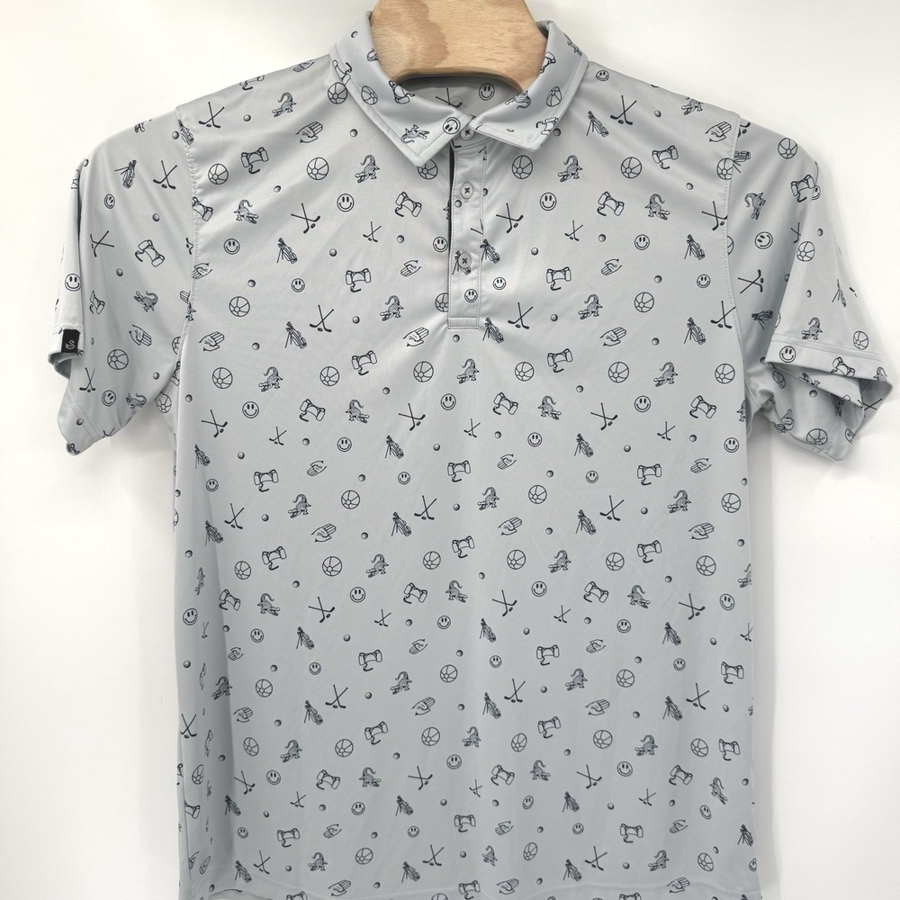 Swannies Polo Shirt Mens XL Grey Novelty Golf Print Short Sleeve Performance
